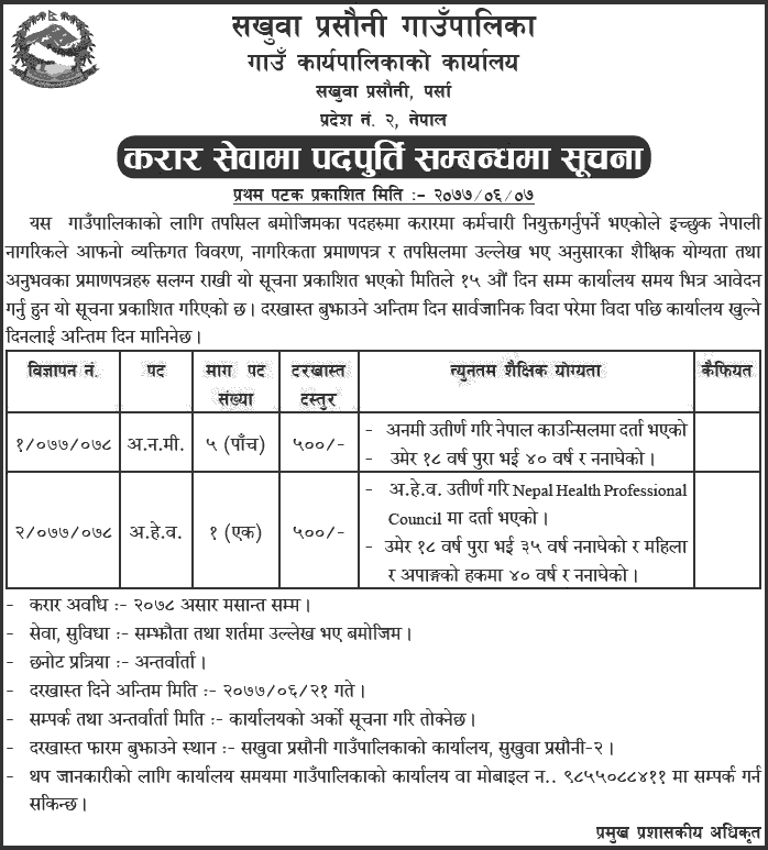 Sakhuwa Prasauni Rural Municipality Job Vacancy Notice for ANM, AHW